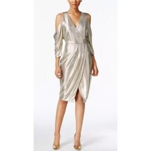 Rachel Roy Shiny Gold V-neck Cold Shoulder Wrap Dress, Keyhole Back, Size XL